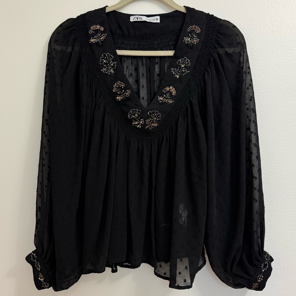 Zara Embroidered Sheer Black Blouse